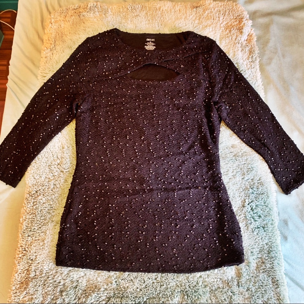 Jennifer Lopez Black Sequin City Cut Out Top - Picture 2 of 6